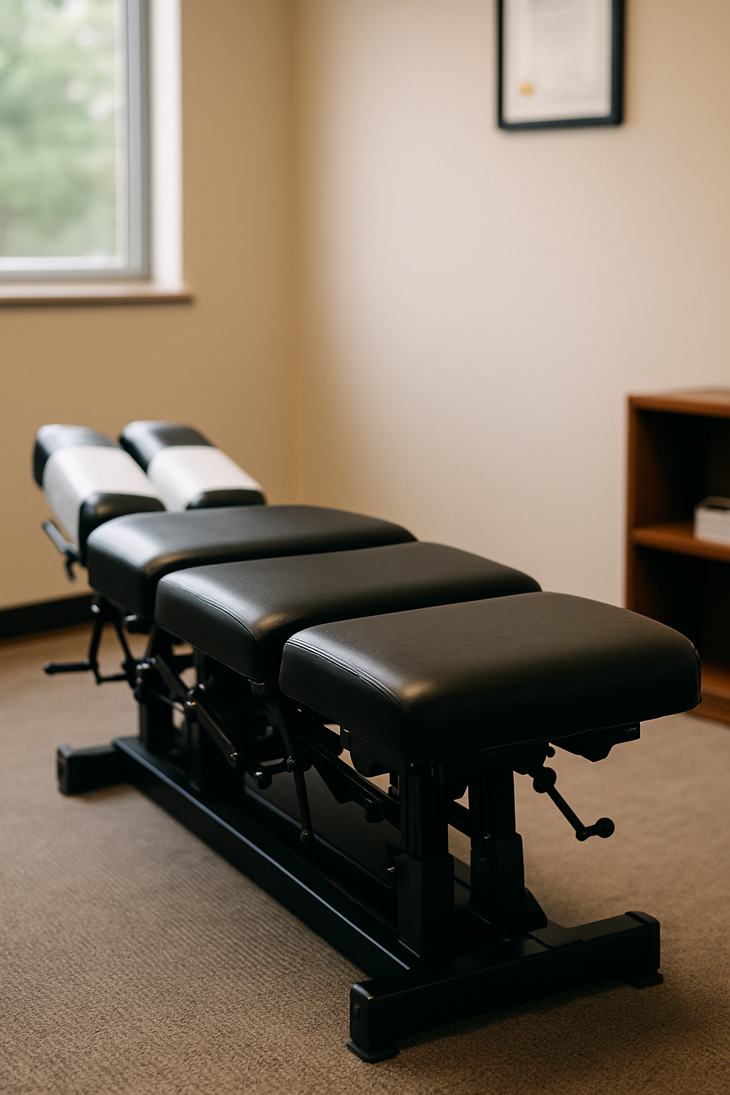 Clean, modern chiropractic clinic interior with treatment equipment