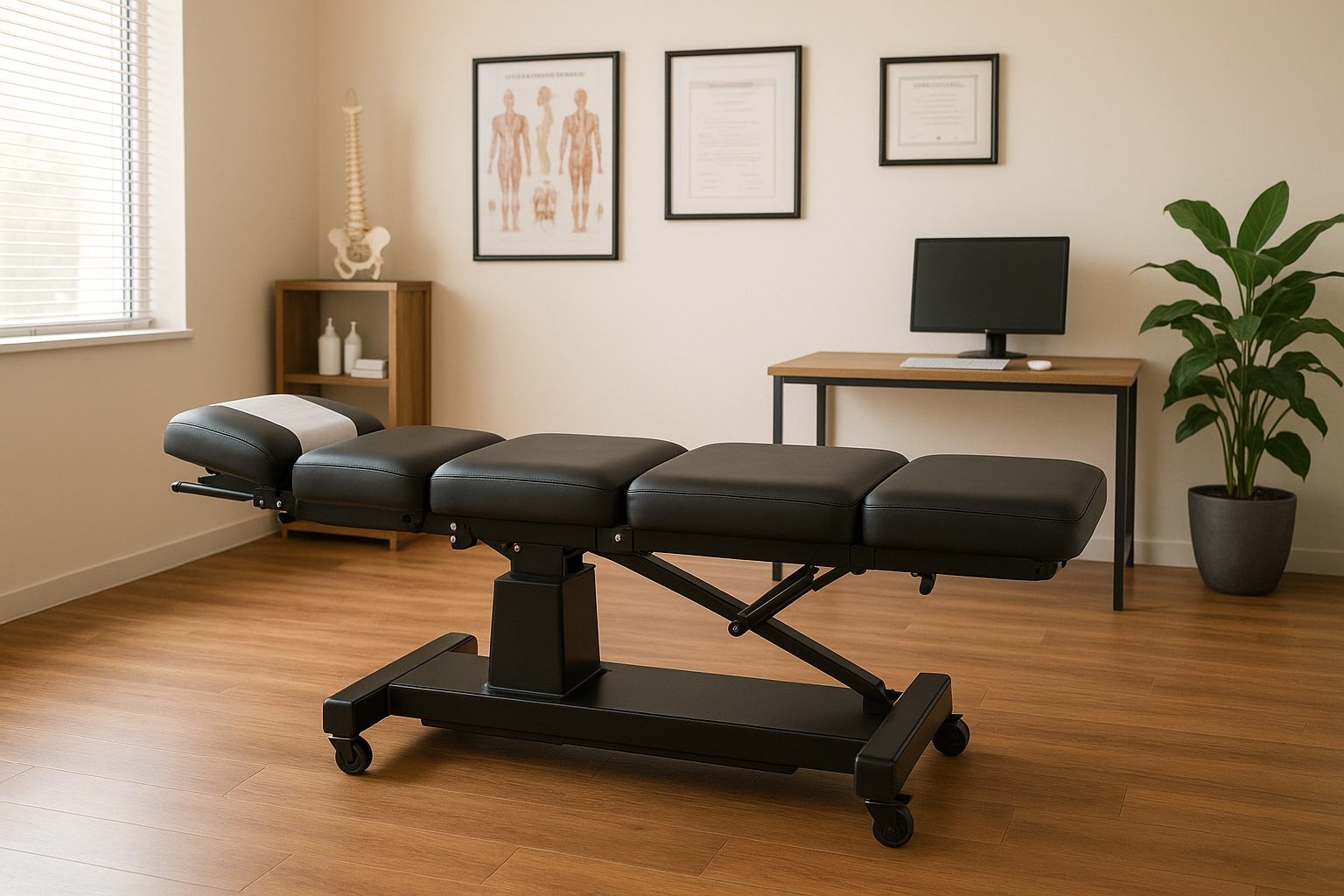 Modern chiropractic treatment table in a clean, professional clinic setting